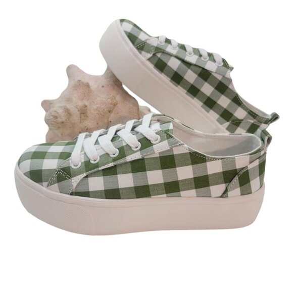 BUY ONE GET ONE FREE Soda Petal Lace up Platform Fashion Sneaker Khaki Gingham - Picture 1 of 7